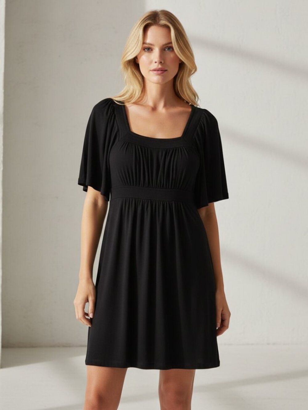 BCBGMaxAzria S Black Square Neck‎ Cinch Waist Knit Dress Minimalist Office Siren